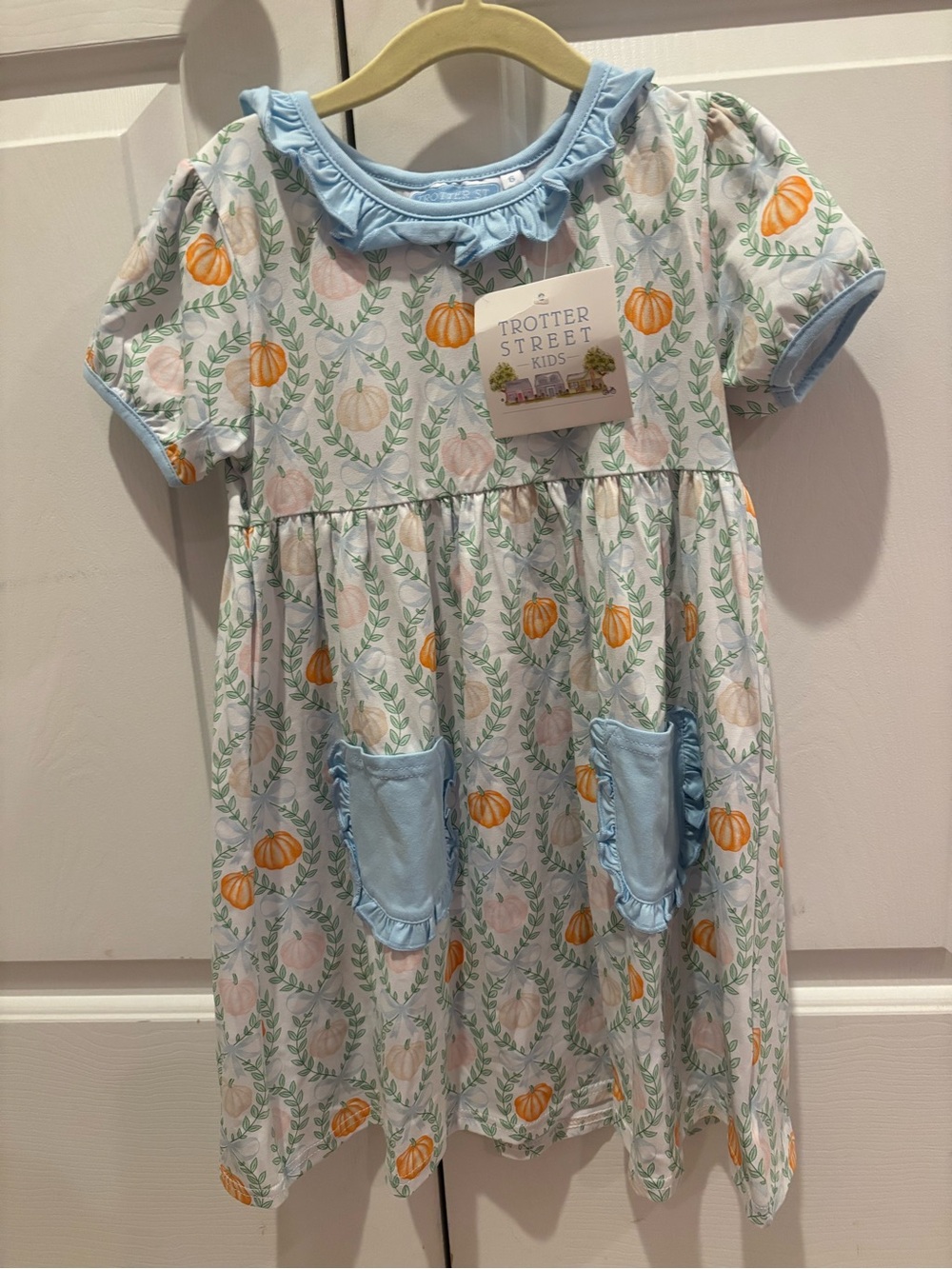 NWT Trotter Street Kids Light Blue Pumpkin Print Ruffle Pocket Dress